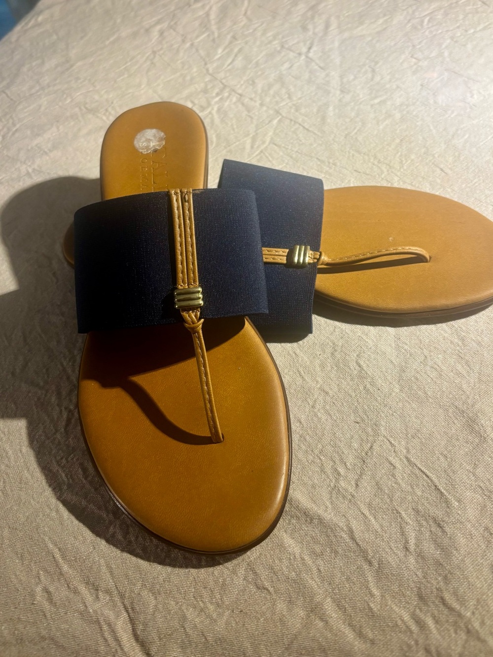 Italian Shoemakers Navy and Tan Slide Sandals with Gold Accents